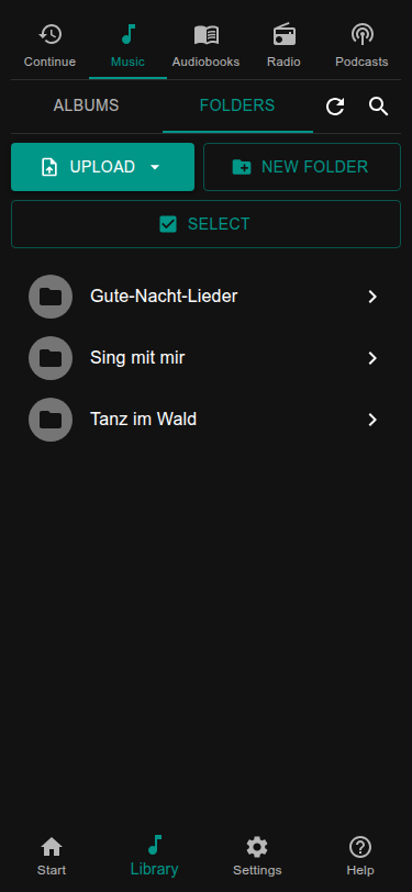 Library, Music, Folders with the Upload button